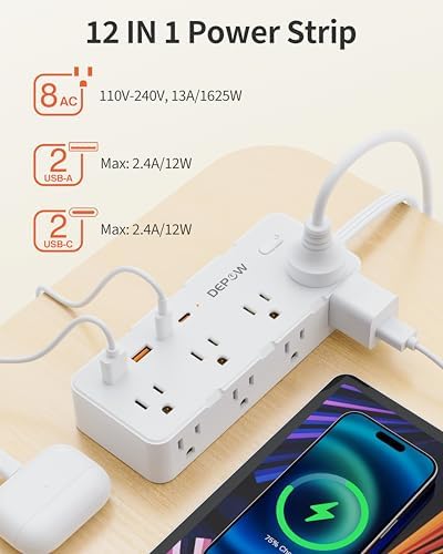 DEPOW 10Ft Extension Cord,Flat Plug Power Strip,8 AC & 4 USB Ports (2USB C) - Image 2