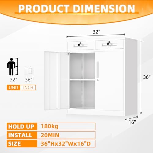 INTERGREAT Metal Storage Cabinet with Drawers, 36”H Lockable Office Storage Cabinets with 2 Doors and Adjustable Shelves, White Steel File Cabinet for Home Office, Garage, School, Apartment(White) - Image 3