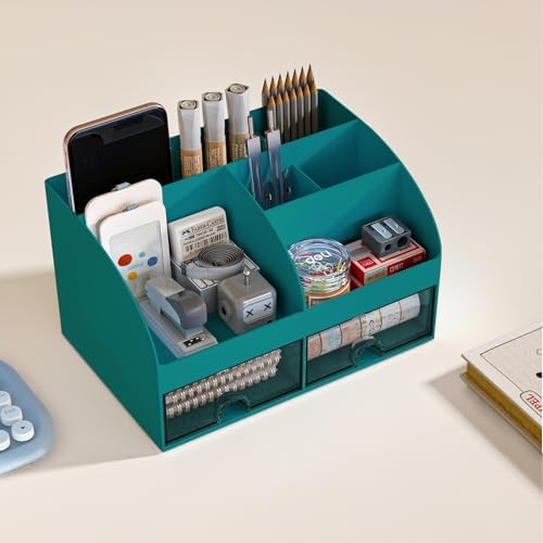 COMFYROOM Desk Organizer with 6 Compartments and 2 Drawers, Plastic Makeup Organizer, Pen Holder for Desktop Storage, Desk Organization for School, Home, Office Supplies (Dark Green) - Image 3