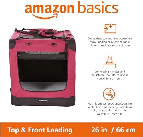 Amazon Basics Folding Portable Soft Pet Dog Crate Carrier Kennel, 26 x 18 x 18 inches, Red - Image 2