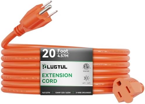 Outdoor Extension Cord 20 FT | 16/3 Gauge Heavy Duty 3 Prong Extension Cord, 13A 1625W SJTW, ETL Listed, Great for Garden and Home, Orange by PLUGTUL