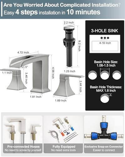 Brushed Nickel Bathroom Faucet, 4-16 Inch Waterfall Bathroom Faucets 2 Handle, Brass Vanity Faucet 3 Holes, Modern Bathroom Sink Faucet with Pop-up Drain, Supply Hoses - Image 4