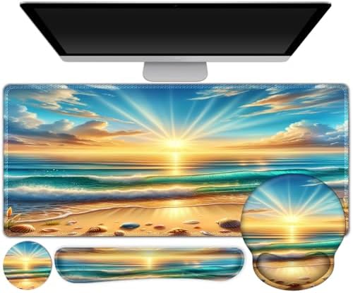 Gaming Mouse Pad, Large Desk Mat, Cute Desk Pad Protector, 4in1 XXL Mousepad + Keyboard Wrist Rest+Mouse Wrist Rest+Coaster Set with Ergonomic Desk Pad for Home Office Computer, Beach Sun Shell by ToLuLu