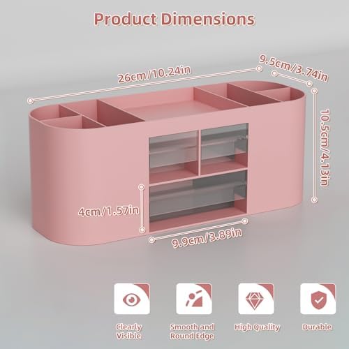 Marbrasse Desk Organizer Pen Holder for Desk with 3 Drawers, Multi-Functional Pencil Holder, Desk Organizers and Accessories with 7 Compartments for Home, School, Classroom(Pink) - Image 4