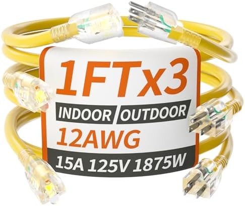 PlugSaf 1FT 3Pack 12 Gauge Extension Cord, Short Extension Cord, Yellow by PlugSaf