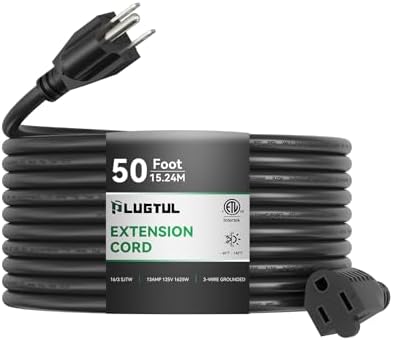 PLUGTUL Outdoor Extension Cord 50 FT | 16/3 Gauge Black Heavy Duty 3 Prong Extension Cord, 13A 1625W SJTW, ETL Listed, Great for Garden and Home by PLUGTUL
