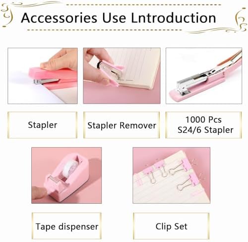 Office Supplies,Pink Desk Accessories, Stapler and Tape Dispenser Set for Women with Stapler,Tape Dispenser,Staple Remover,Staples,Clips,Scissors and Tabs,Gift for Students,Coworkers,Teacher,Business - Image 2