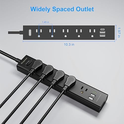 10FT Long Surge Protector Power Strip-with 5 Widely Outlets and 3 USB Ports(1 USB C Port),10 Foot Extension Cord(1250W/10A),Wall Mount for Home Office,700 J,Black(2 Pack) - Image 5