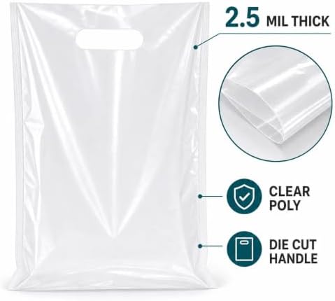 ysmile Plastic Shopping Bag with Handle for Store Retail Boutique Merchandise Die Cut Poly Goodie 100 ct 11.8"x15.8" 2.5 Mil - Clear - Image 3