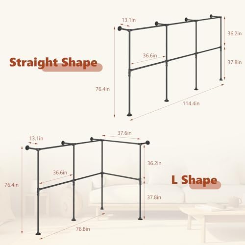 KELIXU 114.4" Industrial Pipe Clothing Rack for Wall Adjustable Height Wall Mounted Clothes Rack for Hanging Clothes, Heavy Duty Walk in Closet Systems, Garment Racks with Double Rods (Three, Black) - Image 5