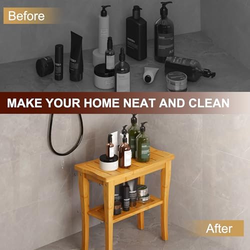 Bamboo Shower Bench Stool with Storage Shelf, Waterproof Shower Chair Spa Bath Seat, Shower Stool for Inside Shower, Bathroom Bench Seat for Adults Elderly Seniors for Indoor or Outdoor Use - Image 5