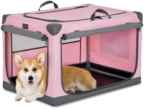 PETSFIT 30" Soft Portable Dog Crate – Patented Spiral Sturdy Frame, Collapsible Travel Kennel for Medium Dogs, 3 Mesh Door, Lockable Zippers, Indoor & Car Use Pink by Petsfit