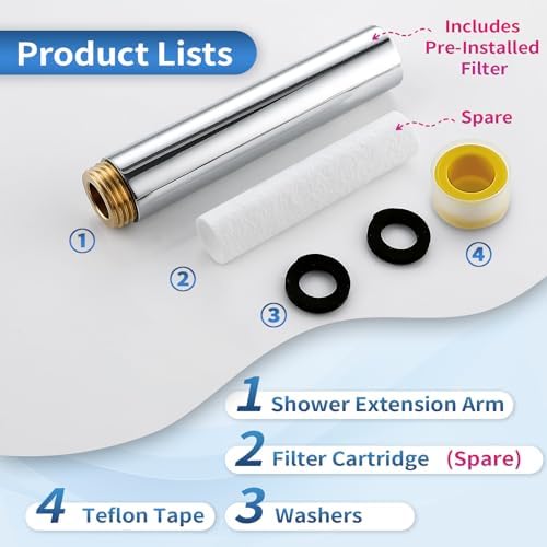 4" Showerhead Extension Arm w/PP Filter Cartridge, 4 Inch 304 Stainless Steel Chrome Shower Arm Extender, Traps Sediment & Rust, Prevents Clogging, Extends Showerhead Life in Hard Water Area - Image 5