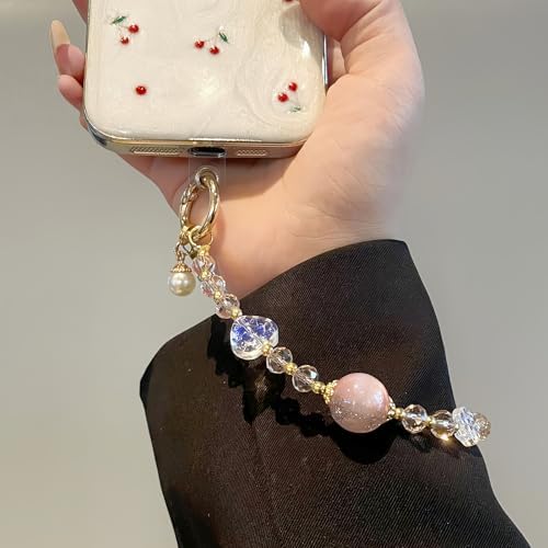 Sparkling Pink Phone Charm, Beaded Phone Wrist Strap for Women - Image 4