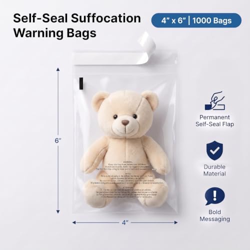 4” X 6” (1000 Count) Self Seal Clear Poly Bags with Suffocation Warning - Image 3