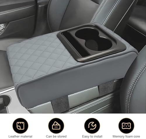 Car Center Console Armrest Pillow, 14"×8.3" Leather Memory Foam Armrest Cushion with Cup Holder & Phone Holder, Waterproof & Anti-Scratch Arm Rest Protector, Universal for Most Cars (Gray) - Image 3
