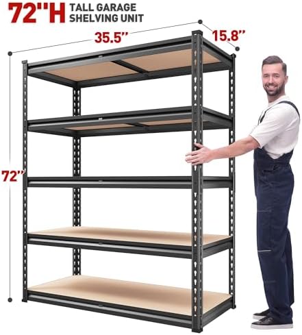 REIBII 2000LBS Garage Shelving Heavy Duty 72''H Storage Shelves 5 Tier Heavy Duty Shelving, Adjustable Metal Shelves for Garage Pantry Closet Kitchen Basement 35.5" W x72 H x 15.8" D, 2 Pack - Image 3