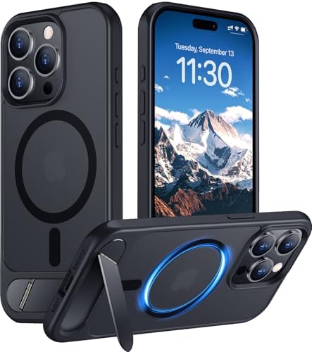 Temdan Magnetic Compatible with iPhone 15 Pro Max Case, [Built-in Invisible Kickstand][Compatible with MagSafe] [Military Grade Shockproof] Slim Translucent Matte Phone Case for iPhone 15 Pro Max 6.7" by Temdan