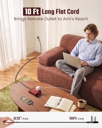 SUPERDANNY Brown Extension Cord 10Ft, Flat Plug Power Strip Surge Protector - Image 3