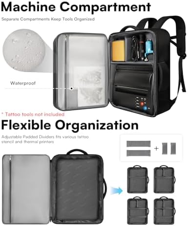 Tattoo Travel Case with 3 Inner Waterproof Removable Pouches, Tattoo Bag for Carrying Supplies, Stencil Printer and Equipment, Adjustable Dividers Tattoo Backpack, Gifts for Tattoo Artists (Bag Only) - Image 3