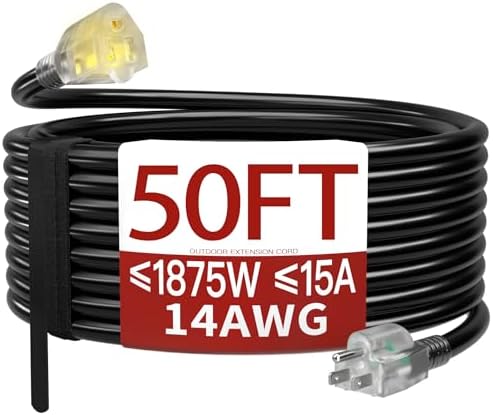 Skrizcable 14/3 50 FT Extension Cord Outdoor, Black Power Cord by Skrizcable