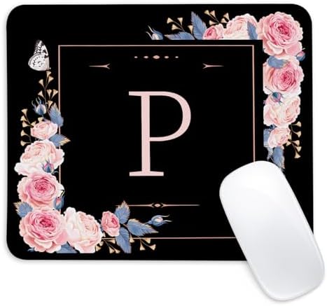 Letter P Black and Pink Flowers Square Mouse Pad, Mouse Pad with Stitched Edge and Non-Slip Rubber Base,Mouse Mat,Home Office Decor Desk Accessories,9.4x7.8x0.12 inch Square Mouse Pad by Unknown