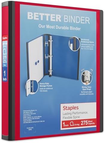 Staples Heavy-Duty 1-Inch D-Ring Binder, Red, Removable Spine Label by Staples