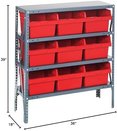 Quantum 1839-SB810RD Heavy Duty Shelving Unit with (4) Shelves and (9) QSB810 Red Bins for Garage Warehouse Storage Distribution | 400 lb Load Capacity | 18"D x 36"L x 39"H, Galvanized Carbon Steel - Image 2