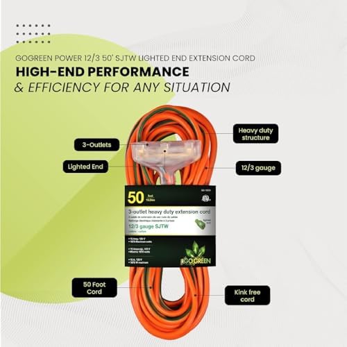 GoGreen Power Inc. (G-15250-2) 12/3 50' 3 Outlet Heavy Duty Extension Cord - Orange, 50ft, 2 Pack - Image 4