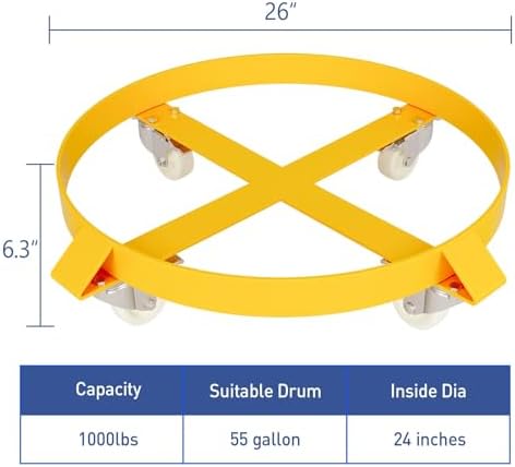 55 Gallon Drum Dolly, 1000 Lbs Heavy Duty Barrel Dolly Cart with Steel Frame, 4 Swivel Casters & 2 Locking Wheels, 2 Pack, Yellow - Image 5
