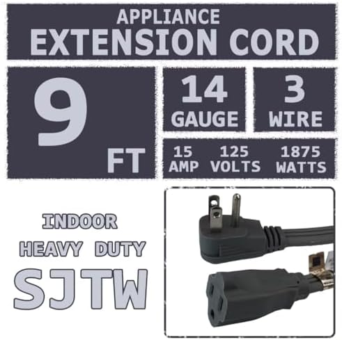 9 Ft Heavy Duty Appliance Extension Cord - 14 Gauge 3 Prong SPT-3 Cable Wire, Ideal for Air Conditioners, Refrigerators, and Major Appliances - Indoor Use, Grey - Image 2