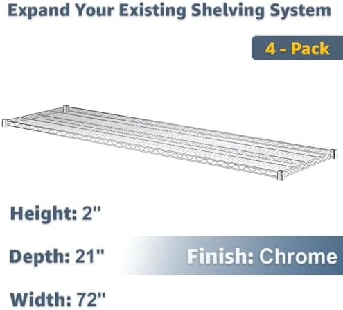 21" x 72" Extra Wire Shelves 4 Pack for Storage Racks, NSF Chrome Finish, 600 lb Capacity - Image 2