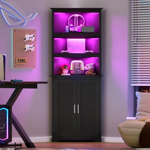 TEENFON Corner Cabinet, Tall Corner Hutch with 5 Shelves & 2 Doors, Bathroom Cabinet with Adjustable Shelf, for Living Room, Kitchen, Bathroom, Black - Image 5
