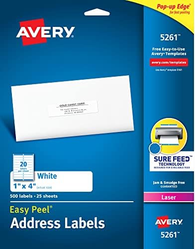 Avery Easy Peel Printable Address Labels with Sure Feed, 1" x 4", White, 500 Blank Mailing Labels (05261) by Avery