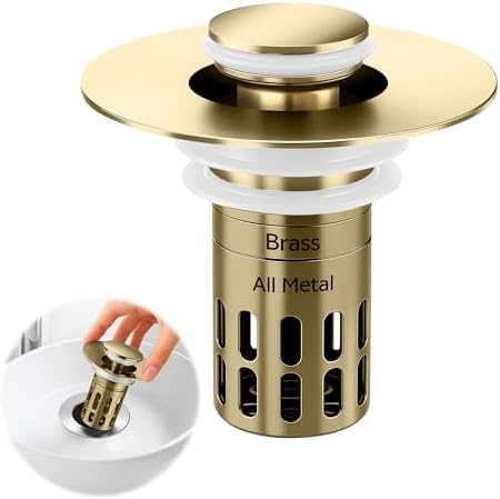 (All Metal) Bathroom Sink Stopper, Pop Up Drain Strainer for Bathroom Sink, Sink Plug Hair Catcher, Silent Popper Core w/Removable Filter Basket,Fit 1.05~2.0''Basin (Gold, 1 Pack) by Unknown