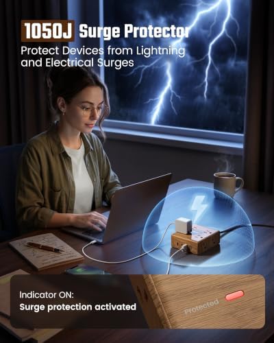 SUPERDANNY Brown Extension Cord 10Ft, Flat Plug Power Strip Surge Protector - Image 6