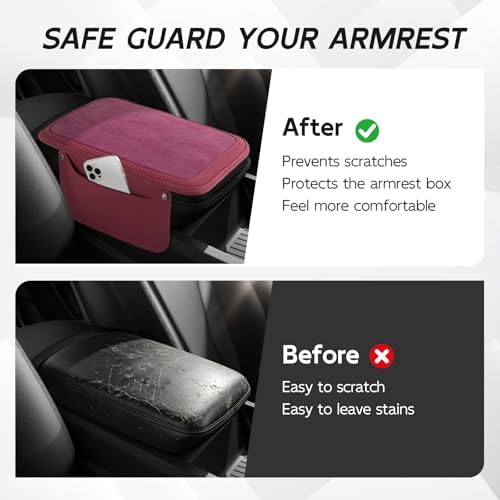 SINGARO Car Leather Center Console Cover with 2 Storage Bags, Universal Furry Fluffy Car Armrest Seat Box Pad, Comfortable Car Interior Accessories, Fits for Most Vehicles (Red) - Image 6