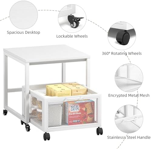 VERMESS End Table, 19.7" Mini Fridge Stand with Storage, Printer Stand with Storage Drawer, Rolling File Cabinet Cart with Wheels, Mobile Printer Beverage Fridge Table for Home Office Bedroom (White) - Image 4