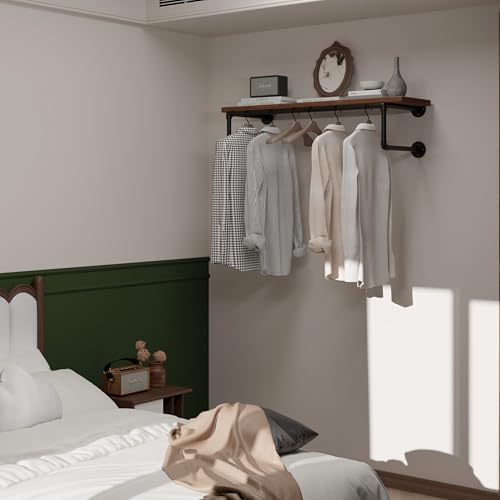 Clothes Rack 36in, Wall Mounted Garment Racks with Brown Real Wood Shelf, Heavy Duty Hanging Clothes Rack, Multi-Purpose Hanging Rod, Space-Saving Closet Storage - Image 3