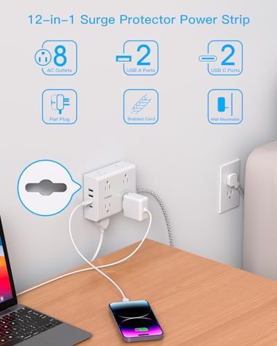 Extension Cord 15 Ft, Flat Plug Surge Protector Power Strip 15 Ft Long Cord - Image 2