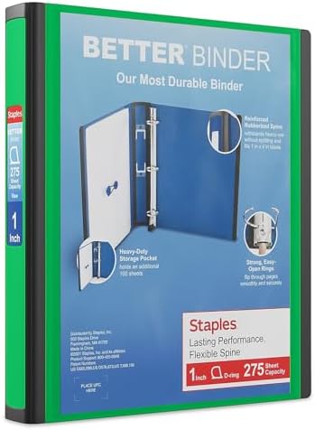 Staples Better View 1-Inch D-Ring Binder, Green, Clear Overlay by Staples