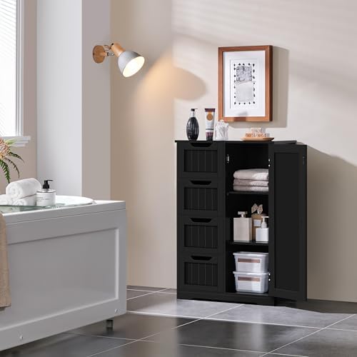 Yaheetech Small Bathroom Storage Cabinet with 4 Drawers & Door, Black - Image 2