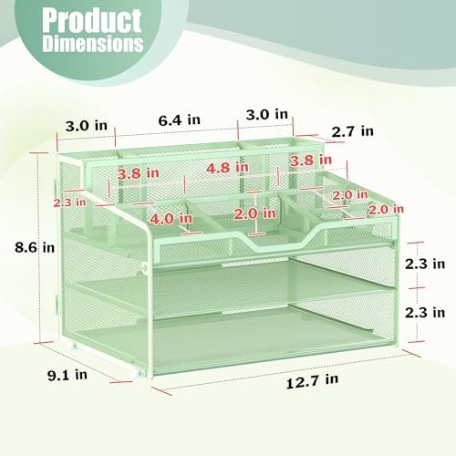 Docnest 3 Tier Mesh Desk Organizer with Letter Tray & Paper Sorter, Green - Image 3
