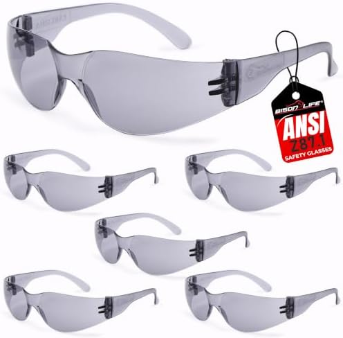BISON LIFE Gray Safety Glasses for Men & Women, ANSI Z87.1, 6 Pack by BisonLife