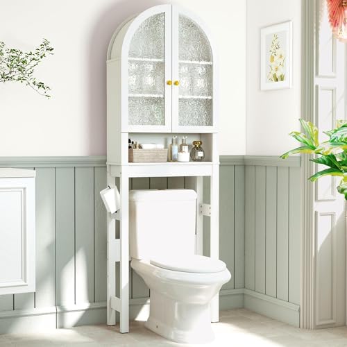 HMstone Over The Toilet Storage Cabinet, Arched Bathroom Organizer and Storage with Acrylic Doors and Adjustable Shelf, Space-Saving Freestanding Bathroom Modern Storage Cabinet Over Toilet, White - Image 3