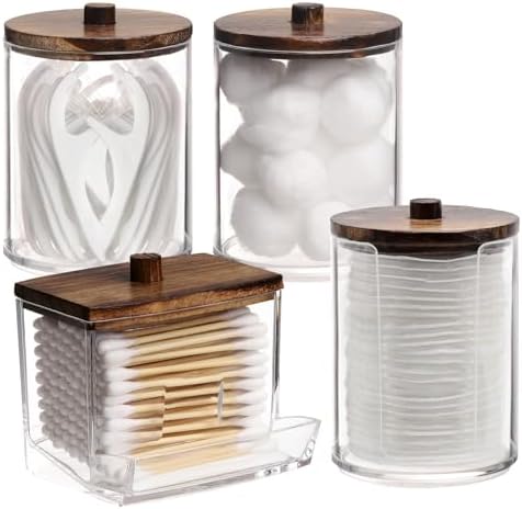 Tbestmax 4 Pack Qtip Holder Dispenser, 10/7oz Bathroom Container for Cotton Ball Cotton Swabs Pads, Apothecary Jar with Wood Lids for Organizer and Storage (Brown) by Tbestmax