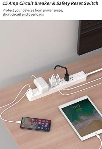 25ft Extension Cord Power Strip, 6 Outlets Surge Protector with 2 USB Ports, 15 A Circuit Breaker, Widely Spaced Outlet, Long Power Strip with Flat Plug Wall Mount for Home Office, Old House - Image 3