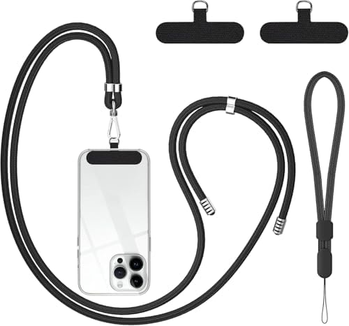 takyu Cell Phone Lanyard, Crossbody Phone Lanyard 1 Pack Adjustable Neck Strap and 1 Pcs Phone Wrist Strap with 2x Phone Tether Patches for Most Smartphones-Black by Takyu