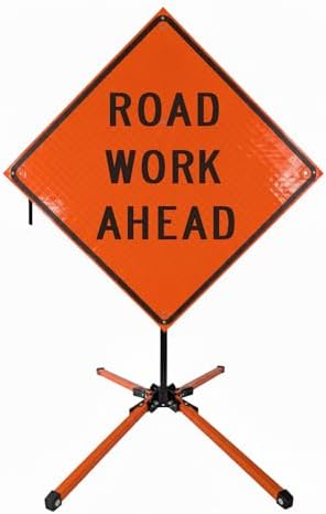 Traffic Roll-Up Sign Kit with Stand – Collapsible Safety Sign & Heavy-Duty Portable Stand, High Visibility, Easy Setup (Road Work Ahead, Reflective) by EASTERNMETALSIGNSANDSAFETY