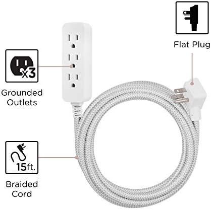 Cordinate 3 Outlet Power Strip, Braided Extension Cord, 16 Gauge, 15 Ft (Pack of 5) - Image 2